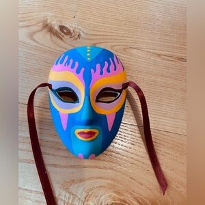 Hand-Painted Decorative Mask in Bright Blue, Pink & Yellow